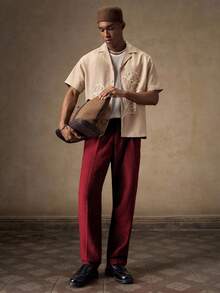 AKNOTIC Business Casual Quần ống đứng dáng rộng dệt kim cho nam, thời trang mặc hàng ngày - Đỏ - Xem 3