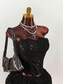 Y2K Amplova Women's Chic Hollow Out Bustier Bra With Special Pattern, Sexy & Avant-Garde 2 Pieces Set With Furry Mini Skirt, Suitable For Party & Date ,Autumn/Winter Thanksgiving And New Year, - Black - View 5