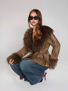 SHEIN ICON Women's Brown Faux Fur & Leather Patchwork Collar & Cuffs Shearling Long A-Line Windbreaker Coat, Commuting & Casual, Sexy, Autumn/Winter - Brown - View 1