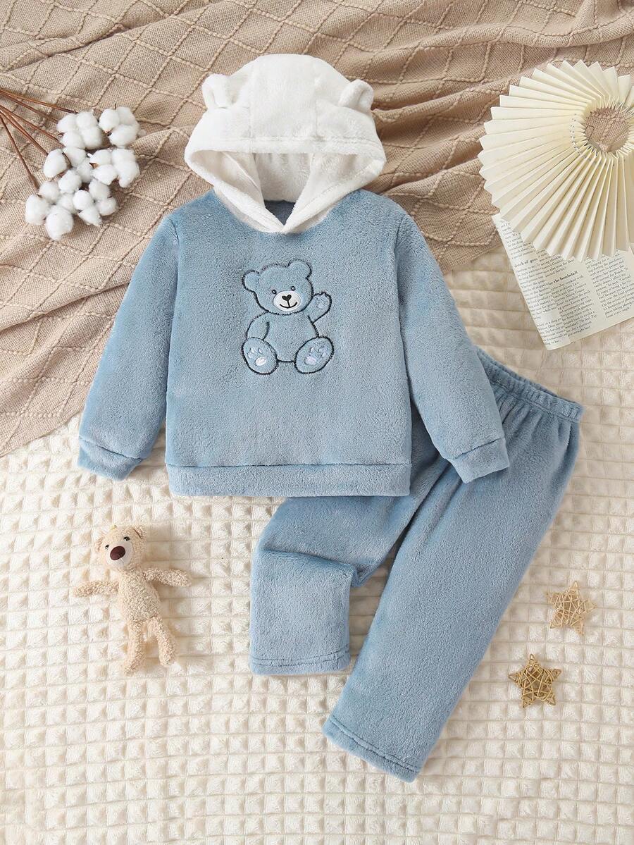 男童长袖连帽睡衣套装（两件套），毛绒面料，可爱小熊刺绣图案，适合秋冬季穿着。 - 藍色 - 查看 1
