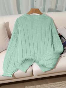 SHEIN LUNE New Loose Soft Sweet Pink Slouchy Design V-Neck Thick Cable Knit Pullover Sweater For Women, Versatile - Mint Green - View 2