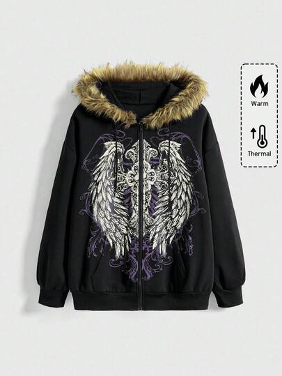 Goth هودي من الفليس مطبوع بصليب الأجنحة المظلمة، ملابس نسائية مقاسات كبيرة للخريف والشتاء، بلوزة رياضية مقاسات كبيرة للنساء، هودي بلوفر بطراز الشارع المظلم الأنيق، بلوزة رياضية مقاسات كبيرة للنساء بطراز كاجوال