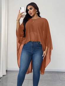 Maweii Áo cánh cổ tròn màu trơn thanh lịch cỡ lớn viền bất đối xứng - Rỉ Nâu - Xem 1