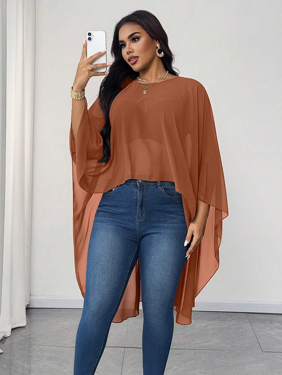 Maweii Áo cánh cổ tròn màu trơn thanh lịch cỡ lớn viền bất đối xứng - Rỉ Nâu - Xem 1