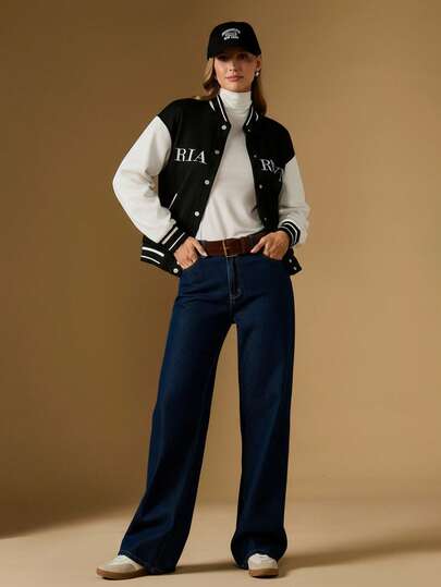 Briarwyn 女士休闲撞色字母刺绣棒球夹克，秋冬新年款，复古风格
