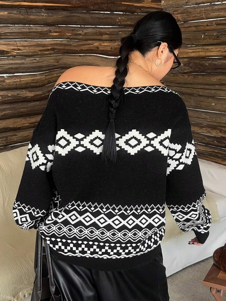 Dazy Plus Contrast Color Patchwork Floral Diamond Pattern Asymmetric Shoulder Elegant Plus Size Women Pullover Sweater, Autumn/Winter