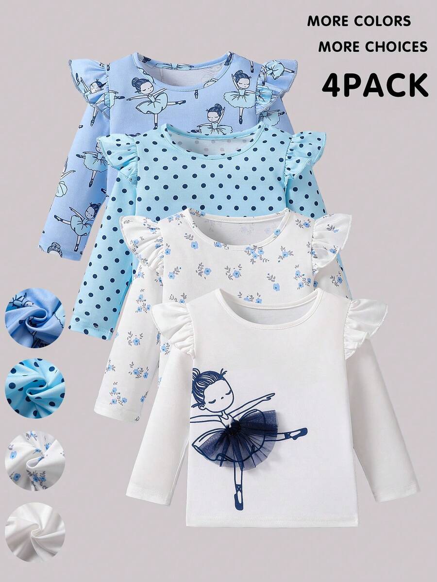 SHEIN 4pcs/Set Baby Girls' Casual Daily All-Match Versatile Ruffle Trim Top, Soft Comfortable Fabric Top - Royal Blue - View 1