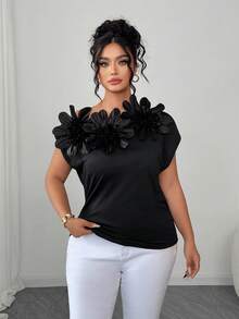 Elenzga Elegante Bluse mit 3D Blumen Dekor für Damen in Große Größen, asymmetrischer Kragen, Bluse mit schräger Schulter und 3D Blumen Dekor, asymmetrischer Kragen, elegante Einfarbige Bluse - Schwarz - Übersicht 5