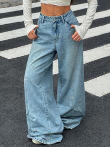 女式宽松心形图案直筒低腰休闲牛仔阔腿裤，蓝色 - 淺色水洗藍 - 查看 4