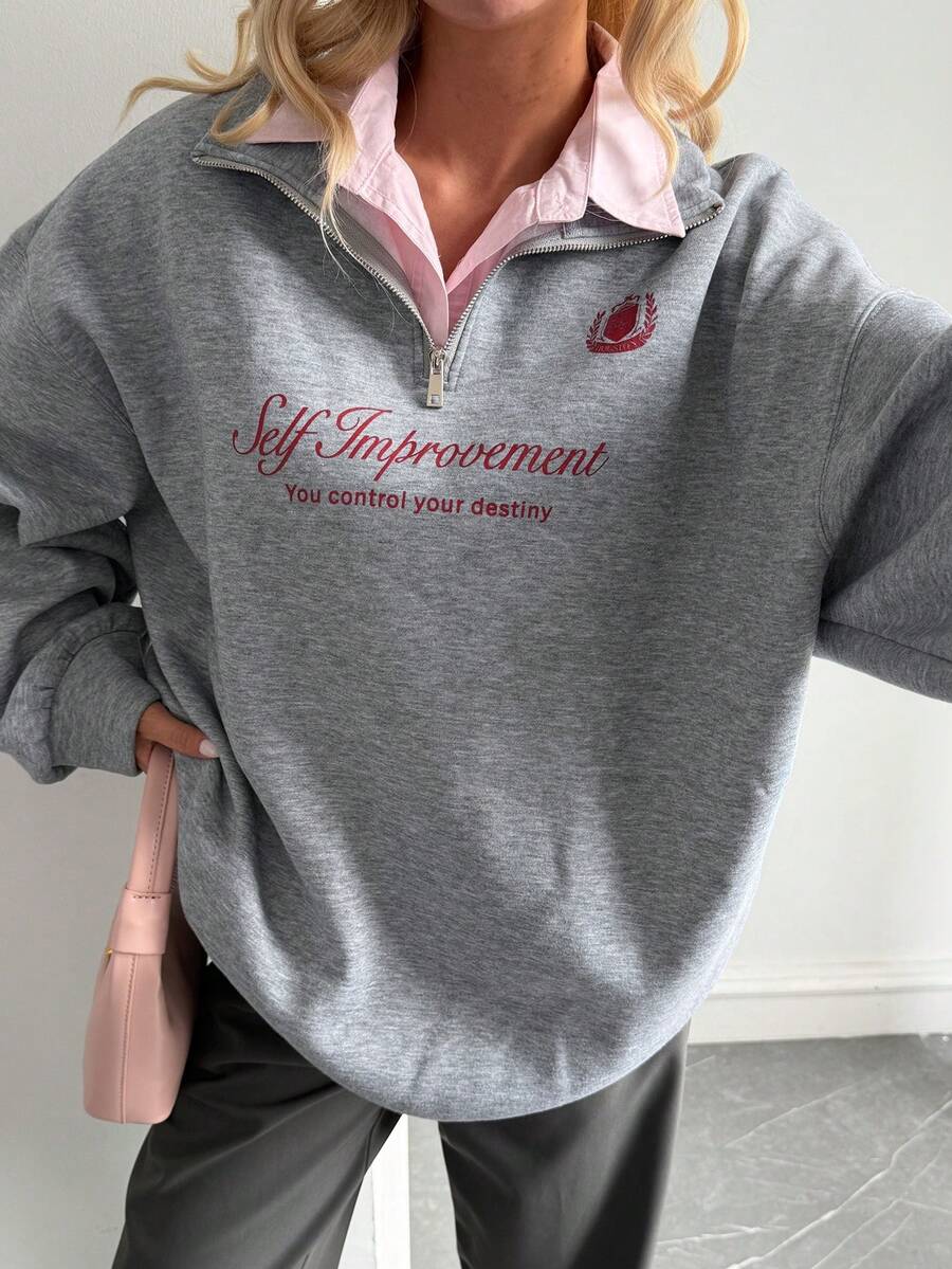 DAZY Women's Casual Letter Print Drop Shoulder Loose Sweatshirt, Autumn/Winter - Grey - View 1