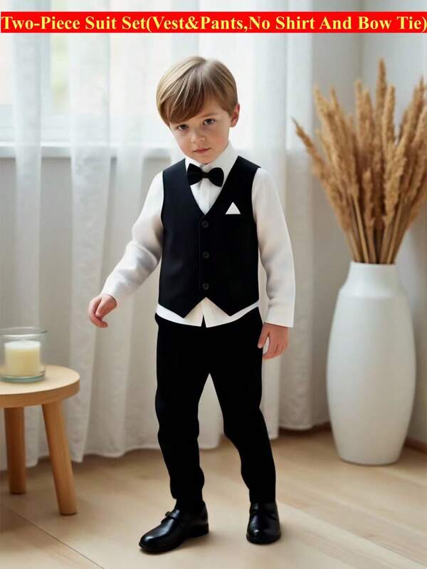 2pcs Young Boys Gentleman Suit Set, Including Black Fake Pocket Vest And Elastic Waist Casual Pants, No Shirt, No Bowknot Accessory, Suitable For Wedding, Performance, Party, Birthday, Christmas And Graduation Formal Wear
