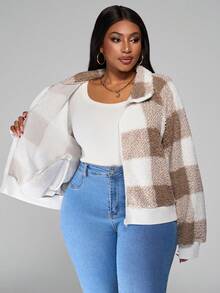 SHEIN PETITE CURVE Plus Size Women's Plaid Long Sleeve Short Plush Jacket, Fall And Winter,Women Jacket ,Fall Women Jackets,Going Out Tops,Flannels Women,Business Casual Women,Plaid Jacket,Wedding Guest,Winter Plus Size Brunch Plus Size Winter Plus Size Casual Plus Size Fall Jacket - Apricot - View 7