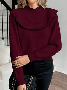 Elenzga Women's Casual Colorblock Ruffle Trim Sweater, Autumn/Winter - Burgundy - View 4