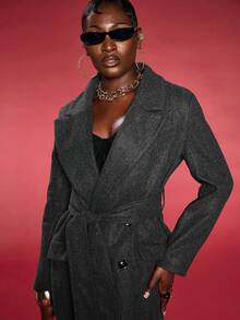 Normani Women's Grey Midi Length Tied Waist Notch Lapel Coat - Grey - View 4