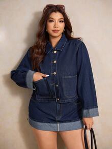 Elaquor Plus Size Women 2 Pieces Set: Long Sleeve Single-Breasted Jacket And Denim Midi Skirt, Casual Mom Navy Blue Autumn - Dark Wash - View 10