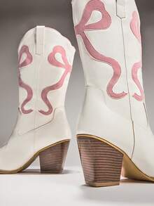 SHUZIA Women's Glamorous Point Toe Block Heel Embroidery Mid-Calf Cowgirl Boots