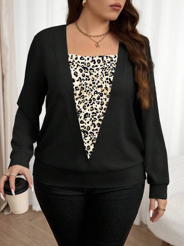 EMERY ROSE Sudadera de cuello redondo con estampado de leopardo para mujer de talla grande, ropa de otoño y primavera para tallas grandes