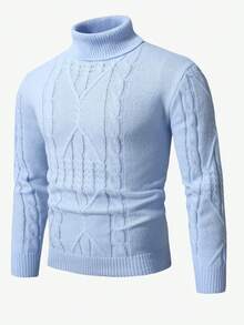 Manfinity Homme Men's Casual Solid Color Turtleneck Sweater, Versatile For Autumn/Winter Baby Blue Men Ireland, Long Sleeve Top - Baby Blue - View 3