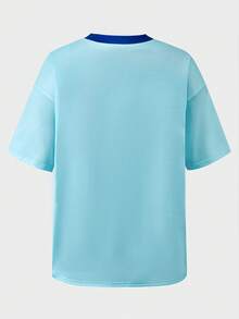SHEIN 2件套少女粉色蝴蝶结字母V领黑色宽松T恤和粉色V字褶裙套装，甜美可爱 - 彩色 - 查看 5