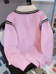 Resyla 女式撞色领运动休闲运动衫，学院风上衣 - 彩色 - 查看 2