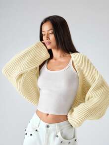 LYSMO 2025新款极简秋季女装简约休闲纯色罗纹针织短款开衫，春秋米色开衫披肩毛衣，适合外出穿，返校穿，毕业穿，街头穿和斯德哥尔摩风格，圣诞节毛衣 - 米色 - 查看 4