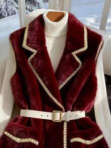 Franclia 新款秋冬时尚女士仿皮草背心 - 酒紅色 - 查看 5
