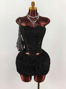 Y2K Amplova Women's Chic Hollow Out Bustier Bra With Special Pattern, Sexy & Avant-Garde 2 Pieces Set With Furry Mini Skirt, Suitable For Party & Date ,Autumn/Winter Thanksgiving And New Year, - Black - View 3