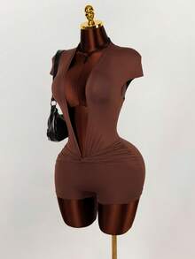 Amplova Fashionable Sexy Deep V Twist Sleeve Bodycon Romper - Brown - View 6