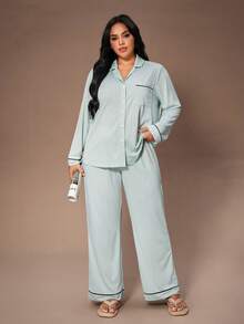 Lazeform Ensemble de pyjama grande taille doux et agréable à la peau, en tricot côtelé, style décontracté à la française, confortable. Vêtements d'automne et d'hiver - Vert menthe - Voir 3