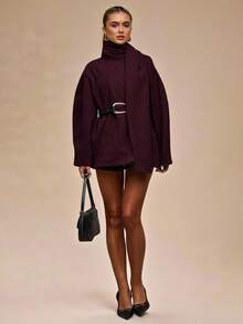 SHEIN BAE 优雅围巾、宽松腰带、束腰短款外套 - 酒紅色 - 查看 4
