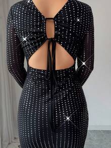 Rafferiza Damen Herbst glänzendes Pailletten Strick Mesh Stoff Rundhals Langarm Rückenfreies Schnürkleid, elegante Damenkleidung für Feste und Herbst/Winter - Schwarz - Übersicht 6