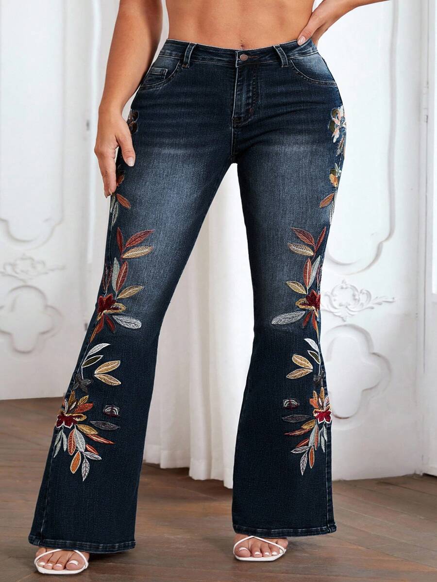 Slaydiva Quần jean ống loe thêu hoa cỡ lớn dành cho nữ, thường ngày, đa năng - Rửa nhẹ - Xem 1