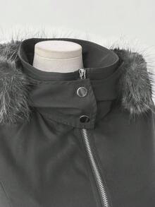 Sunspun 大码秋冬翻领连帽仿皮草前开金属拉链真口袋长袖铆钉优雅复古可爱朋克休闲夹克外套 - 深灰色 - 查看 7