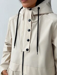 EURMUSE 女士纯色连帽长款梭织风衣 – 简约实用街头风外套 - 米色 - 查看 7