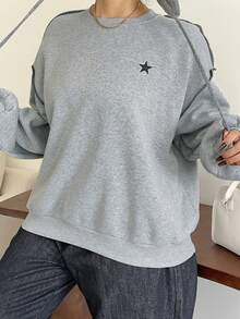 Dazy Plus Plus Size Star Print Loose Fit Thermal Lined Crew Neck Sweatshirt For Women, Streetwear Style, Autumn/Winter School - Grey - View 8