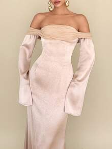 Rafferiza 时尚长袖性感露肩露肩连衣裙 - 藕粉色 - 查看 2
