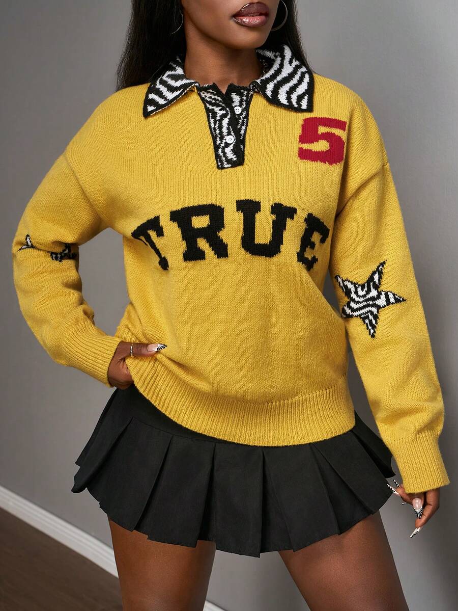 Slaydiva 2025秋冬新款休闲街头宽松黄色字母斑马纹长袖polo领女式毛衣，适合返校、锐舞派对、万圣节、圣诞节、外出、生日、早午餐、聚会、日常、夜店等场合，性感百搭。 - 彩色 - 查看 1