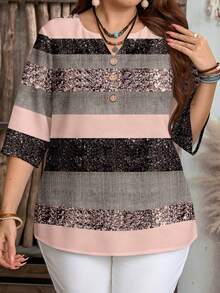 EMERY ROSE Plus Size Casual Striped Print Shirt, Suitable For Spring/Autumn Party,Flower/Summer/Vacation - Multicolor - View 4