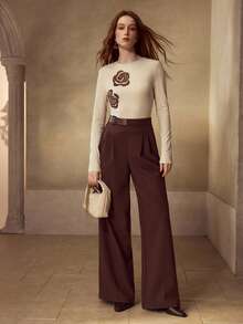 MOTF PREMIUM APRICOT ROUND NECK EMBROIDERED KNIT LONG SLEEVE T-SHIRT FOR WOMEN, AUTUMN/WINTER - Apricot - View 1