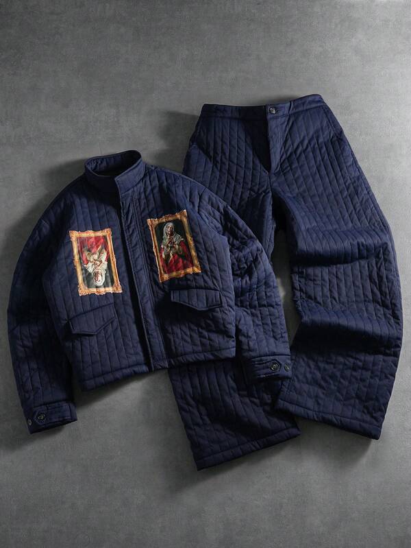 PAVTROS Manfinity Streetrush Men's Street-Style Popular INS Matching Men's Quilted Long Sleeve Graphic Jacket And Loose Wide Leg Quilted Pants Set,Streetwear,Warm Winter Outfits, Christmas Outfits Men Navy Blue 2 Piece Set Mens Two Piece Set