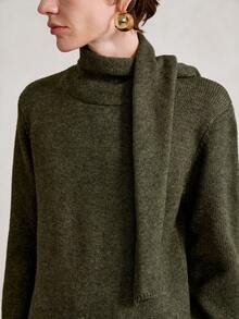 SHEIN Stylify Elegant Solid Color Sweater, Niche Design With Scarf, Mid-Length Solid Color Sweater, Simple Vintage Style, Suitable For Autumn/Winter Christmas Party, Outdoor And Home Wear - Green - View 3