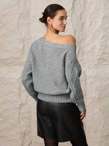 Modelyn Women's Asymmetrical Shoulder Sweater With Tie Neck - Grey - View 3
