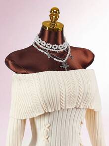 Amplova 露肩优雅日常长袖紧身迷你针织连衣裙，配有蝴蝶结肩带 - 杏色 - 查看 6