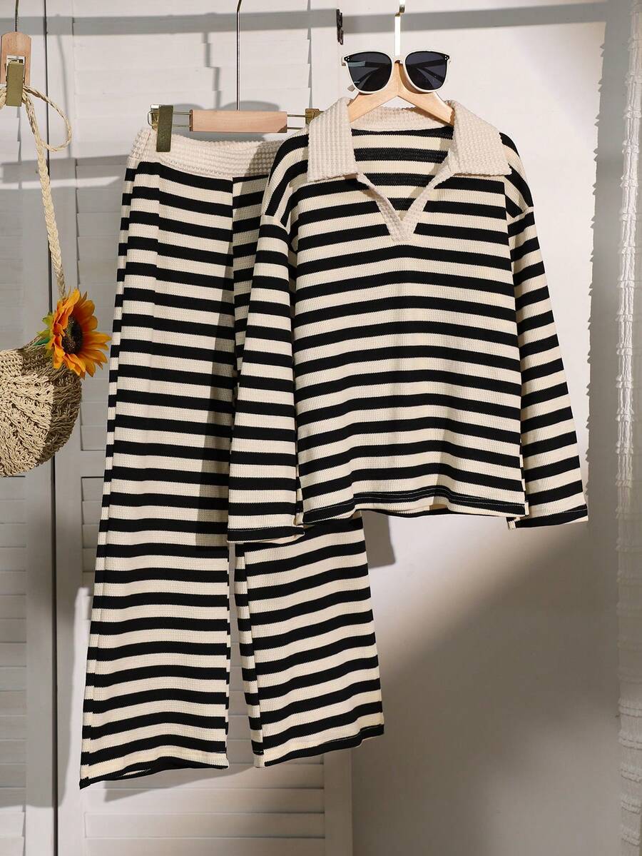 Tween Girl Striped Lapel Drop Shoulder Long Sleeve T-Shirt And Wide Leg Pants Casual Loose Suit, Autumn - Multicolor - View 1