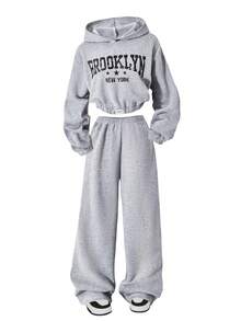 Sparklyn 2 件套青少年女孩休闲运动装，麻灰色，短款连帽衫和阔腿裤套装，温暖校园风格，街头日常穿着 - 淺灰色 - 查看 9