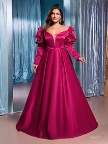 Glamrae Elegancka, romantyczna, fuksjowa suknia ślubna z odkrytymi ramionami i długim rękawem, o przerysowanym kroju, z wysokim rozcięciem i obszerną spódnicą w kształcie litery A, odpowiednia na wesela, imprezy, ukończenia szkół, formalne gale (bogato zdobiony wzór)