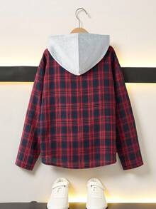 SHEIN Tricou cu glugă în carouri pentru băieți preadolescenti, potrivit pentru naveta, școală, casual, facultate, sport, toamnă/iarnă, poate fi asortat cu cardigan maro, cardigan roșu, haină de băieți, cadouri de Halloween, cardigan albastru, hanorac de Crăciun, salopetă, pantaloni scurți, costum de Halloween pentru copii - Multicolor - Vizualizare 2