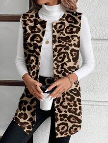 SHEIN LUNE 休闲优雅豹纹针织女式常规外套，适合秋冬季节，休闲百搭 - 彩色 - 查看 4