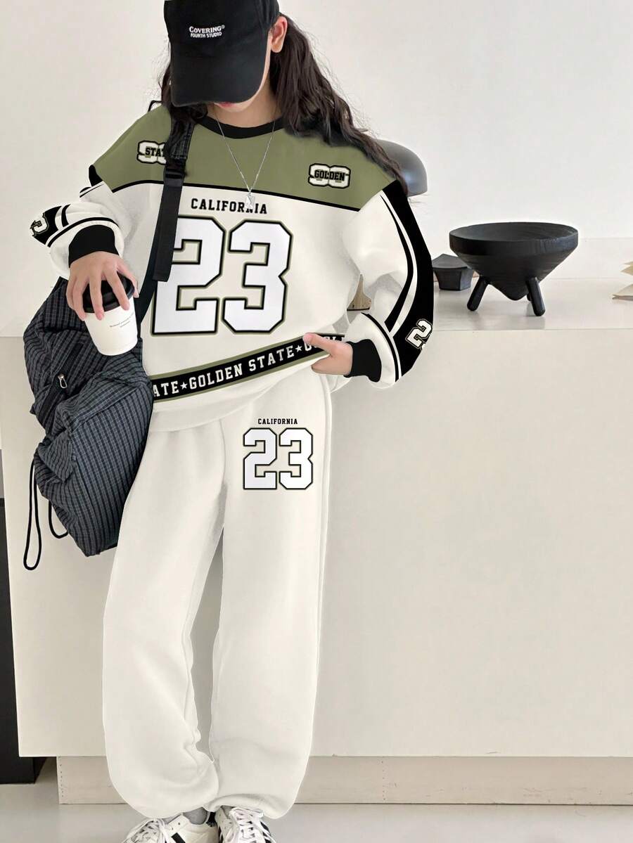 SHEIN Leap Crew 两件套少女休闲复古运动衫套装,字母23印花卫衣和裤子,浅灰色和橄榄绿,厚实柔软宽松舒适圆领长袖连帽衫和裤子,适合秋冬季日常、运动、上学、街头穿着 - 彩色 - 查看 1