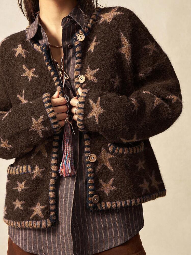 Bohemela Boho Spring/Winter Outerwear, Women's Casual Vintage Star Jacquard Dual Pocket Versatile Long Sleeve Open Fuzzy Vintage Loose Knit Cardigan, Western Country Style Concert Vacation Suitable For Beach Vacation & Daily Wear & Back To School & Going Out & Party , New Year , Valentines ,Vintage 2000s , Y2k Summer Holiday , Beach - Brown - View 9